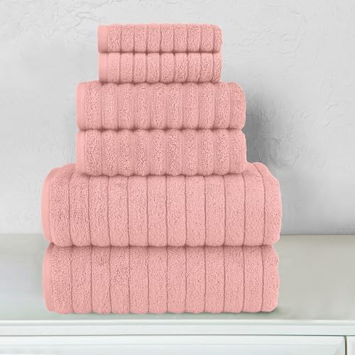 Elegant Comfort 100% Turkish Cotton Corduroy Ribbed Luxury Bath Towels, Premium Quick Dry Highly Absorbent 6 Piece Set with Bath & Hand Towels, 2 Each Plus Washcloths, Dusty Rose (Pack of 4)