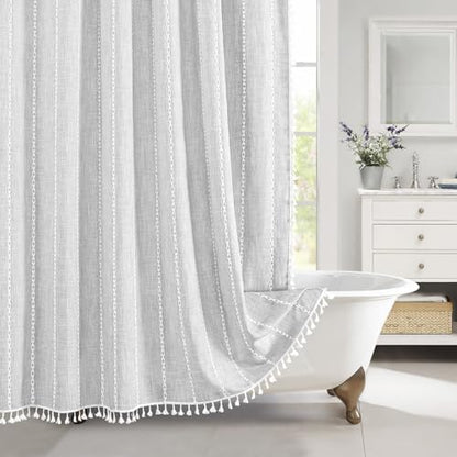 Farmhouse Tassel Linen Shower Curtain,3D Embroidery Stripe Light Grey,72x72