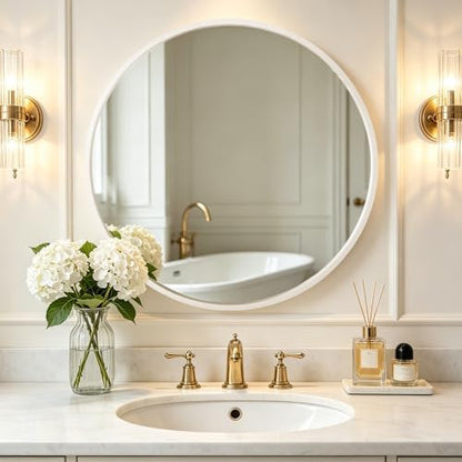 WallBeyond Round Wood Mirror 32 inch Circle Wall Mirror for Bathroom Round Wall Mirror for Wall Decor, Vanity, Entryway Living Room (White)