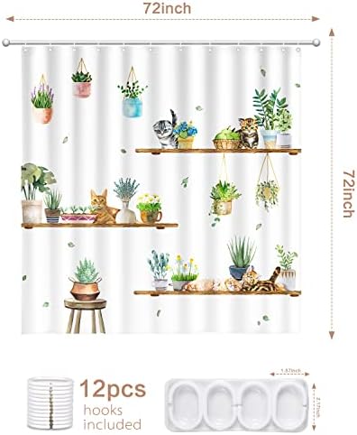 Hanging Potted Plants Cat Shower Curtain, Bracket Plant Kitty Shower Curtain for Bathroom with 12 Hooks, Polyester Fabric Waterproof Shower Curtain Sets Machine Washable Bath Curtain