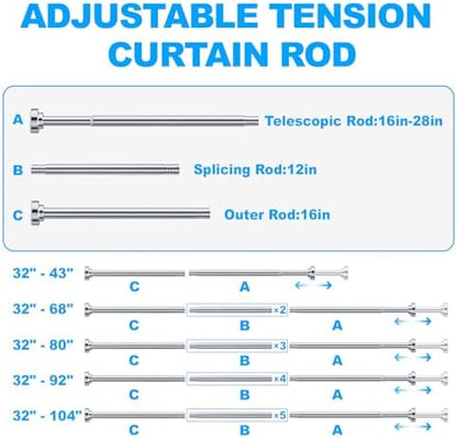 TEECK 2 Pack Shower Curtain Rod, 32-43 inch Adjustable Spring Tension Curtain Rod, Never Rust Anti-Slip Shower Curtain Rod for Bathroom, No Drilling, Never Collapse, Easy to Use, Silver