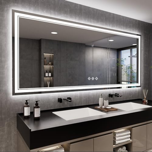 Bathroom Mirrors for Wall, 88x38 Inch Gradient Front and Backlight Big Lighted Mirror, 3 Colors Dimmable CRI>90 Double Lights, IP54 Enhanced Anti-Fog, LED Mirror for Bathroom