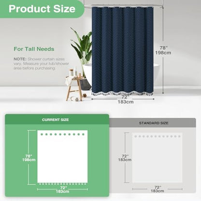 Dynamene Long Boho Farmhouse Shower Curtain Tufted Chevron 72x78 Navy Blue