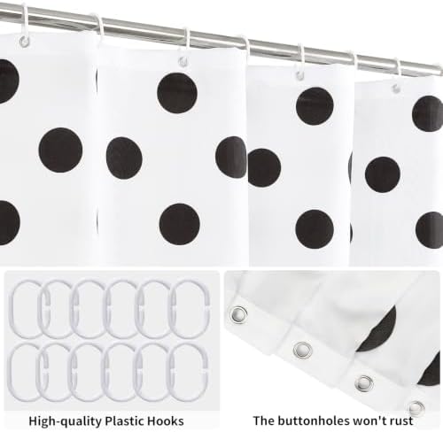 Polka Dots Shower Curtain, Black White Waterproof Fabric Shower Curtain for Bathroom with Modern Abstract Geometric Circle Bath Curtain Decor with Hooks, Machine Washable, 72''Wx96''L