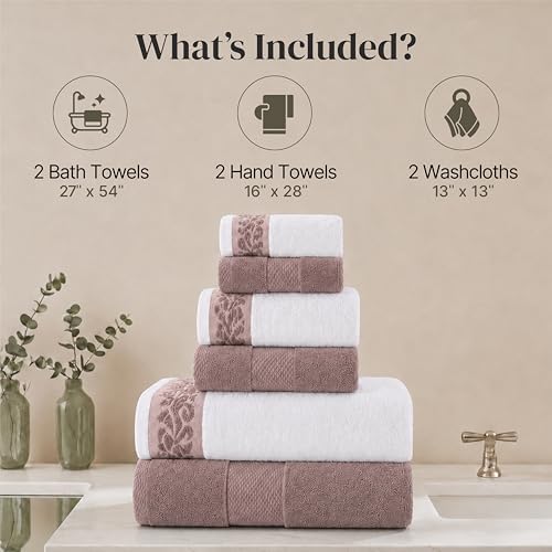 Modern Threads 6 Piece Bath Towel Set – Bathroom Towel Set with 2 Bath Towels, 2 Hand Towels & 2 Washcloths – 100% Cotton, Soft & Absorbent – Jacquard Border (Rose)