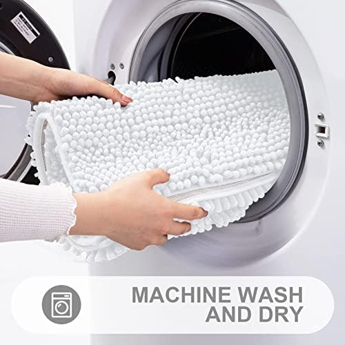 Grandaily Chenille Striped Bathroom Rugs 70x24, Extra Thick and Absorbent Bath Mats, Non-Slip Soft Plush Shaggy Shower Carpet, Machine Wash Dry, Bath Rug for Bathroom, White