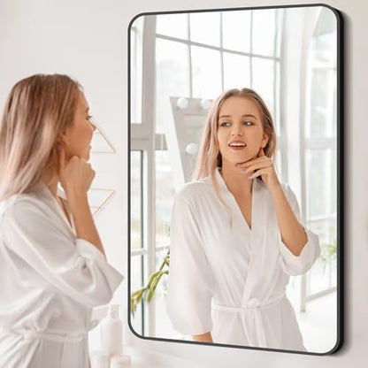 BONEWEI 30x48 inch Bathroom Mirror,Black Rectangle Mirror,Wall Mounted Bathroom Frame Vanity Mirror with Round Corner for Bedroom Living Room, Entryway Hangs Horizontal or Vertical
