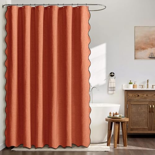 MIULEE Burnt Orange Scalloped Linen Shower Curtain 72x72 Inches