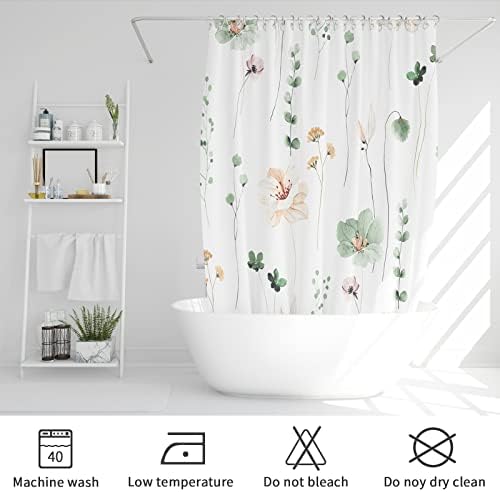Gibelle Sage Green Beige Watercolor Floral Fabric Shower Curtain, 54x78