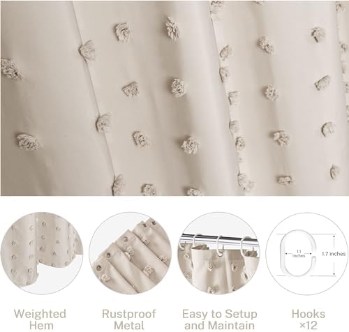 Siiluminisoy Boho Farmhouse Natural Shower Curtain Woven Fabric Shower Curtain, 72 x 72 Tufted Pleat Floral Puffs Textured Modern Farmhouse Minimalist Shower Curtain Set with Hooks for Bathroom