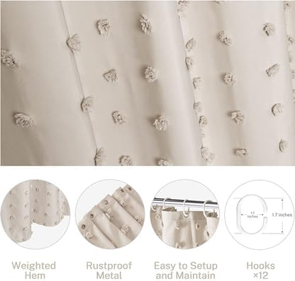 Siiluminisoy Boho Farmhouse Natural Shower Curtain Woven Fabric Shower Curtain, 72 x 72 Tufted Pleat Floral Puffs Textured Modern Farmhouse Minimalist Shower Curtain Set with Hooks for Bathroom
