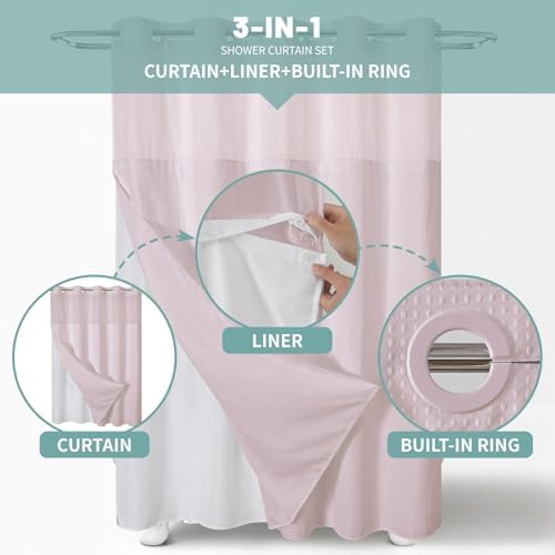 No Hook Waffle Shower Curtain with Snap-in Liner, 71x77 Inch, Blush Pink