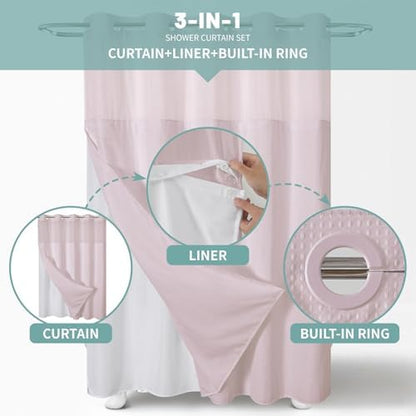 No Hook Waffle Shower Curtain with Snap-in Liner, 71x80 Inch, Blush Pink