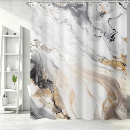 Beige Marble Shower Curtain Modern Abstract Luxury Gold Ink Texture Gray Ombre Watercolor Bathroom Curtain Set with Hooks Soft and Lightweight Waterproof Fabric Machine Washable 66" WX72 L