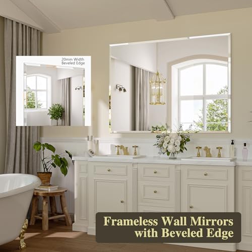 Frameless Bathroom Mirror, 48" x 36" Beveled Wall Mirror
