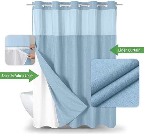 eachope No Hook Fabric Shower Curtain with Snap-in Liner,71x74 Fog Blue