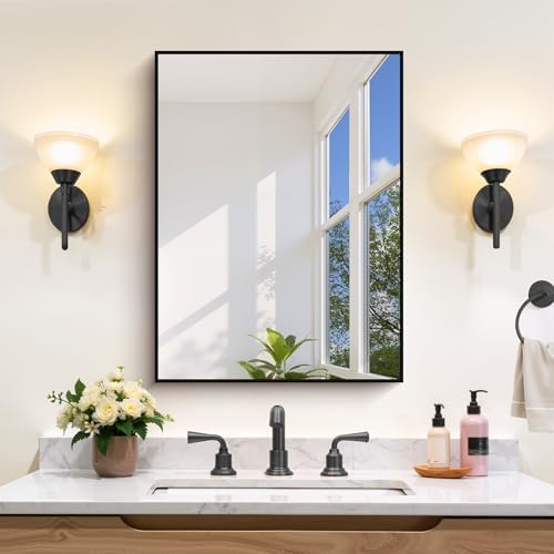 COFENY Black Bathroom Mirror for Wall, 18x24 Inch Rectangle Mirror with Metal Frame, Modern Vanity Mirrors for Bathroom Living Room, Entryway Hangs Horizontal or Vertical