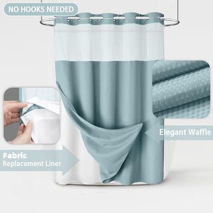 No Hook Shower Curtain with Liner Set Hotel Waffle Curtain Cyan 72W X 75L