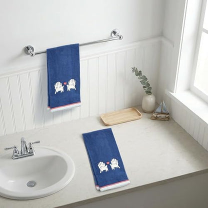 Ritz 2-Piece Cotton Velour Bathroom Hand Towel Set, Embroidered Adirondack Chair Design, Navy Blue Decorative Towels for Lake House, Cottage, or Cabin Decor, 16” x 26”
