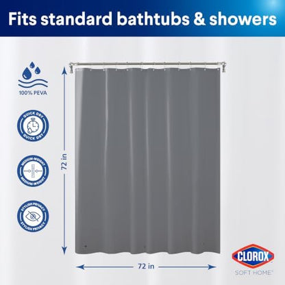 Clorox Shower Curtain Liner, Premium Colored Medium-Weight Durable Waterproof 6g PEVA for Bathroom with Weighted Magnets, Standard Size 72" x 72", Grey