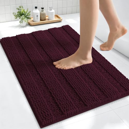 Smiry Thick Small Chenille Bathroom Rugs 24x16, Soft Bath Mat, Black Cherry