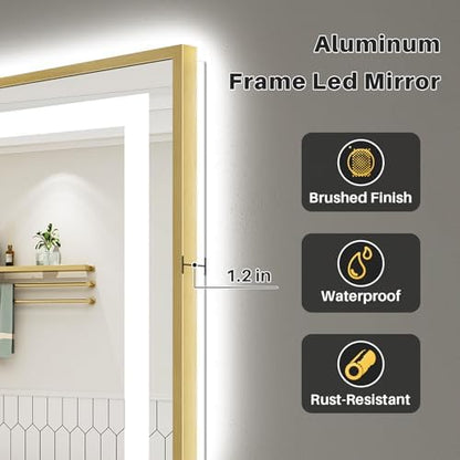 36x30 Inch LED Bathroom Mirror with Gold Frame, Backlit & Front Lit