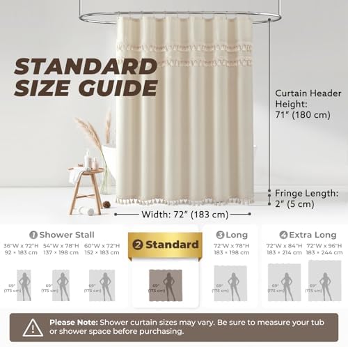 Linen Shower Curtain Boho Beige Shower Curtain with 3 Tassels 72"W x 72"L