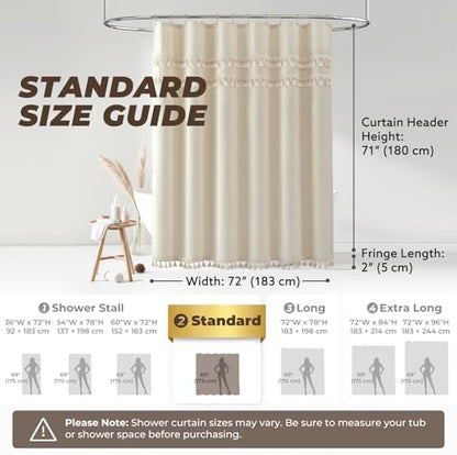 Linen Shower Curtain Boho Beige Shower Curtain with 3 Tassels 72"W x 72"L