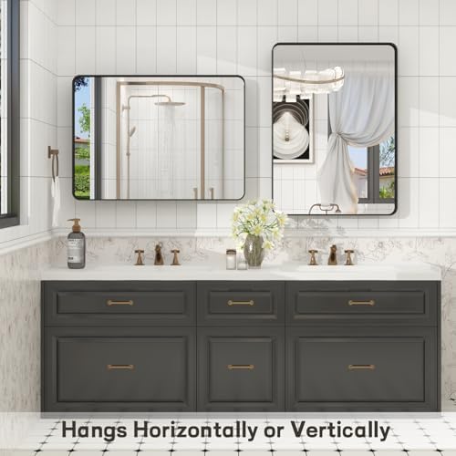 28x36 Inch Black Framed Bathroom Mirror for Wall, Matte Black Metal Frame Mirror, Rounded Rectangle Mirror, Anti-Rust, Shatterproof (Horizontal/Vertical)