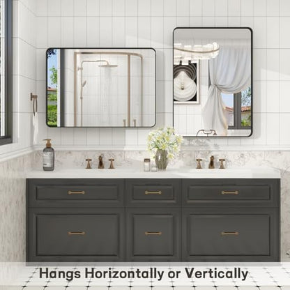 30x36 Inch Black Framed Bathroom Mirror for Wall, Matte Black Metal Mirror, Rounded Corner Rectangle Vanity Mirror, Anti-Rust, Shatterproof (Horizontal/Vertical)