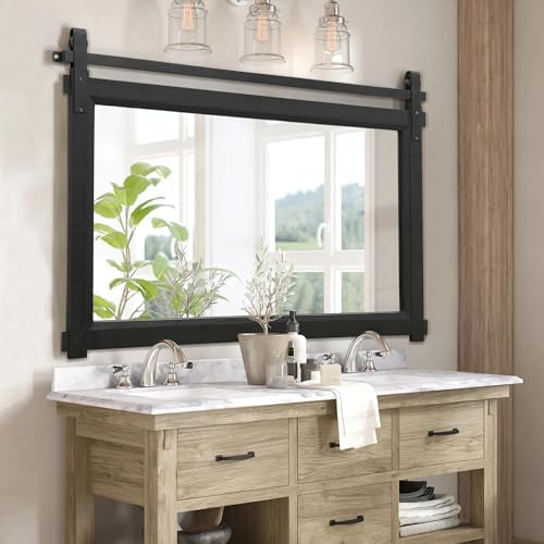 Besdomus Farmhouse Bathroom Vanity Mirror: 42"x28" Black Rustic Barn Door