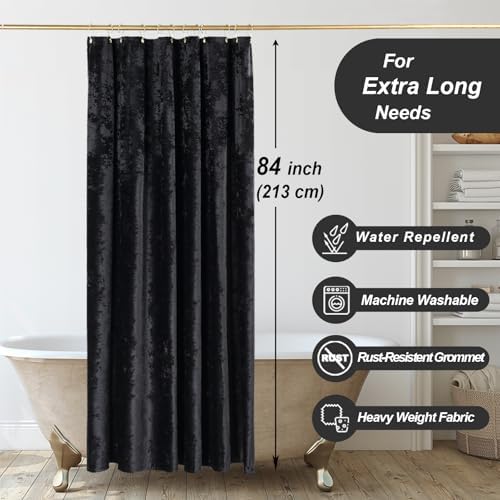 TAMGHO Extra Long Shower Curtain 84 inch Height, Crushed Velvet Tall Bathroom Curtain Set with 12 Gold Hooks, Luxury Thick Fabric, Machine Washable 72W x 84H, Black