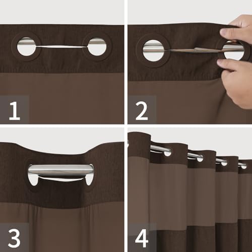 eachope No Hook Linen Texture Shower Curtain with Snap-in Liner,71x80 Brown