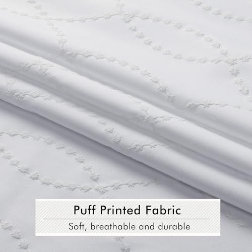 OVZME White Shower Curtain for Bathroom, Puff Printed Textured Shower Curtain with Tassels, Rustic Geometry Heavy Duty Vintage Country Bathroom Curtain, Water Resistant Fabric, 72Wx72L Inches