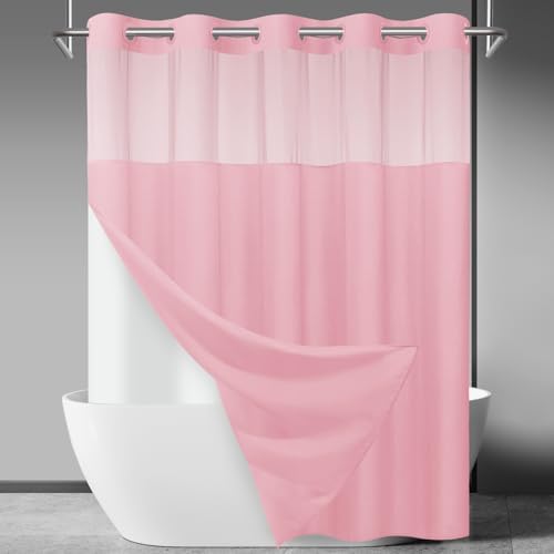 SORTTO No Hook Slub Shower Curtain with Liner, 71x74, Pink