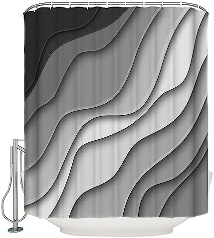 Shower Curtain Bathroom Set Black Grey Ombre Gradient Water Ripple Waterproof Shower Curtains with Grommets Hooks Abstract Lines Modern Art Privacy Bath Curtain for Bathtub Decor 72x72in