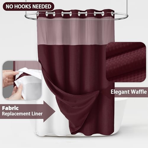 No Hook Shower Curtain with Liner Set Hotel Waffle Burgundy 72W X 75L
