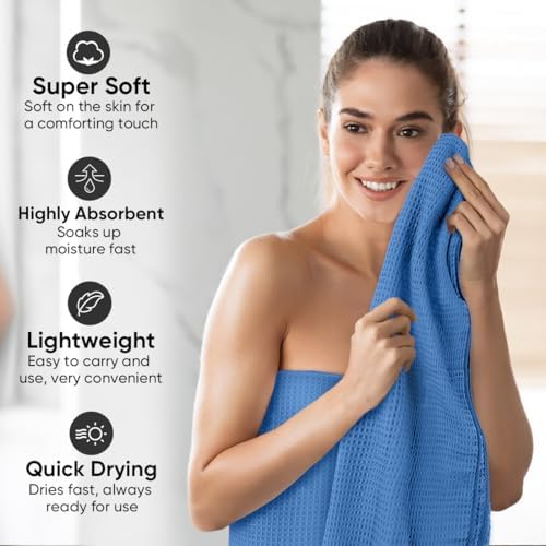 HOMEXCEL Waffle Bath Towels Set of 4 Pack, Waffle Towels for Bathroom, Blue