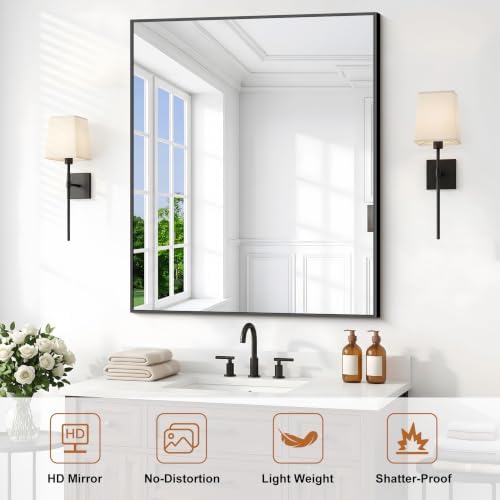 DESBING Black Bathroom Mirror for Wall, 30x36 Inch Rectangle Mirrors with Metal Frame, Modern Vanity Wall Mirror Decor for Entryway Hangs, Bathroom Living Room Horizontal or Vertical