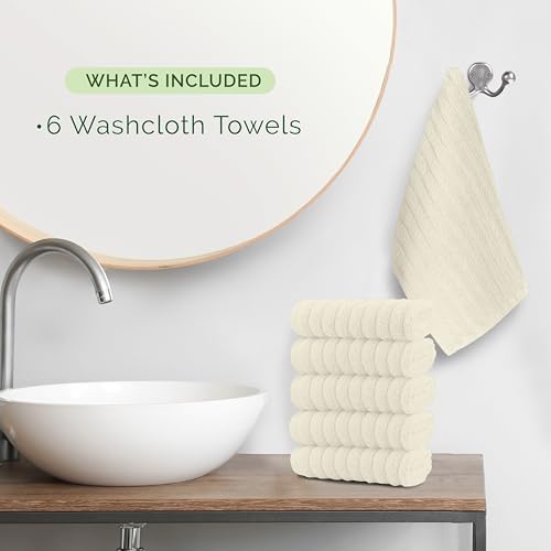 Elegant Comfort 100% Turkish Cotton Corduroy Ribbed Luxury Washcloths 6 Pack Soft 13 x 13 Inch - Higly Absorbent, Durable, Quick Dry, Spa Premium Hotel Quality for Bathroom or Travel, Ivory
