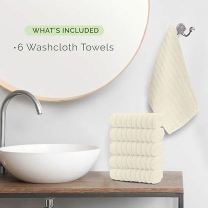 Elegant Comfort 100% Turkish Cotton Corduroy Ribbed Luxury Washcloths 6 Pack Soft 13 x 13 Inch - Higly Absorbent, Durable, Quick Dry, Spa Premium Hotel Quality for Bathroom or Travel, Ivory