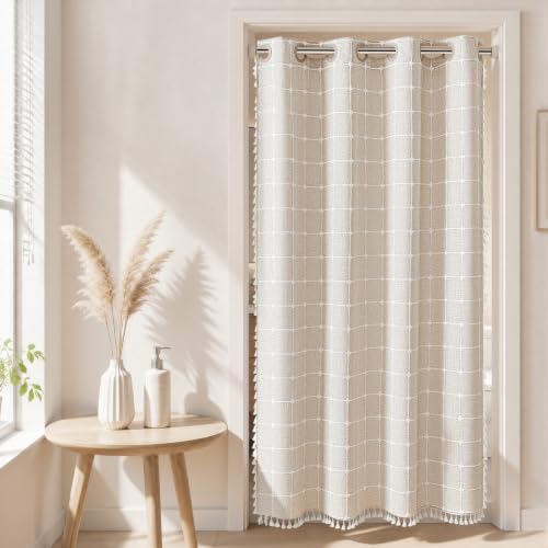 RiverDream Farmhouse No Hooks Shower Curtain with Snap-in Liner,Linen,54x80