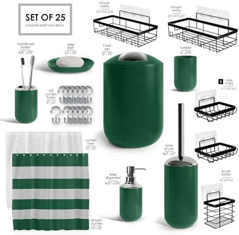 Clara Clark Bathroom Accessories Set - Bathroom Set with Adhesive Corner Shower Caddy Hanging, 25PC Bathroom Accessory Set, Green Shower Curtain Set, Toilet Brush, Trash Can & Soap Dispenser