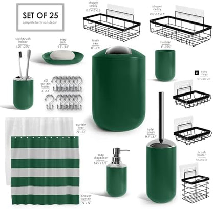 Clara Clark Bathroom Accessories Set - Bathroom Set with Adhesive Corner Shower Caddy Hanging, 25PC Bathroom Accessory Set, Green Shower Curtain Set, Toilet Brush, Trash Can & Soap Dispenser