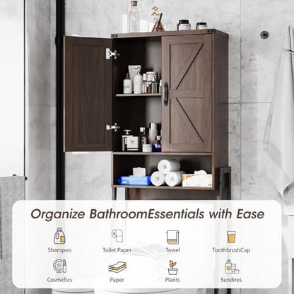 Vabches Over The Toilet Storage Cabinet with 2-Door Design Bathroom Organizers and Storage with Anti-Tip Device Over Toilet Organizer with Shelves for Bathroom,Restroom,Laundry Espresso