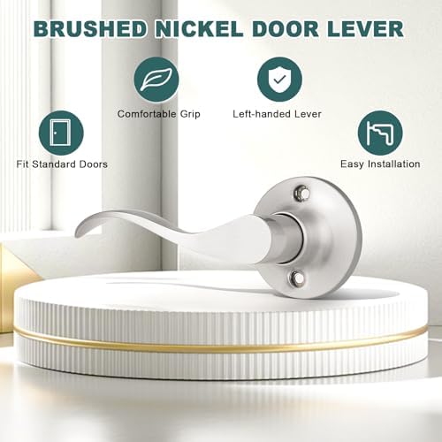 GOBEKOR 2 Pack Brushed Nickel Single Dummy Door Handles Wave Left-Handed Door Lever Non-Turning Lock Interior Closet French Door Handle