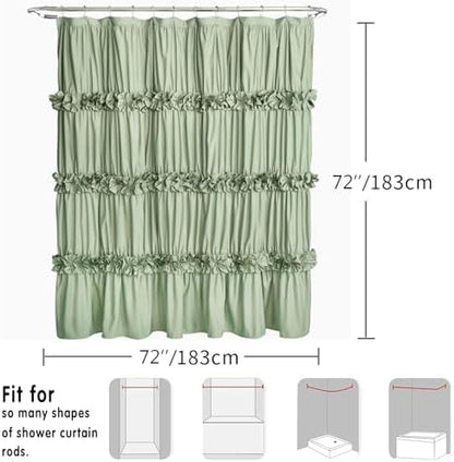 Homechoice Decor Sage Ruffle Shower Curtain, Handcrafted Bow Tie