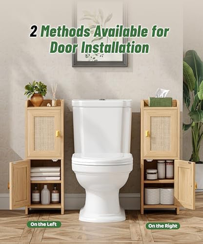 Akxomel Rattan Small Bathroom Cabinet Narrow Toilet Paper Organizer Oak