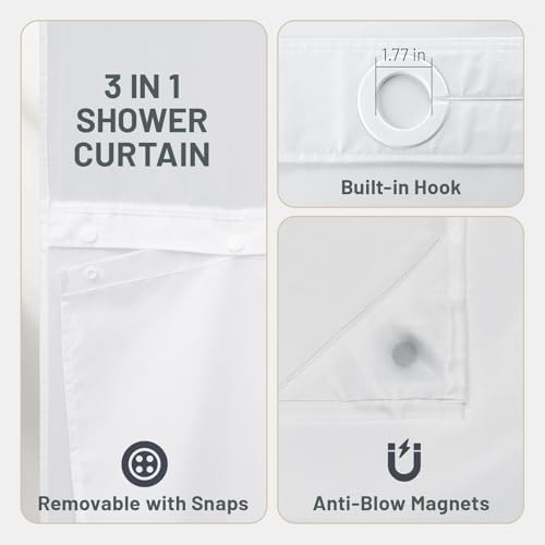 WITHLOC No Hook Floral Shower Curtain with Liner, Grey, 71x74