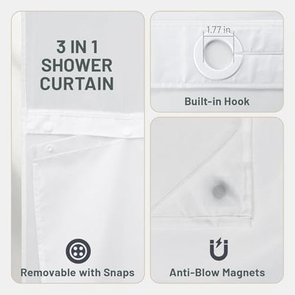 WITHLOC No Hook Floral Shower Curtain with Liner, Grey, 71x74
